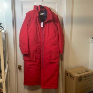 Never worn Lands’ End long full length hooded red winter coat